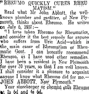 "RHEUMO QUICKLY CURES RHEUMATISM." (Otago Daily Times 5-2-1908)