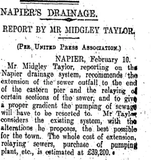 NAPIER'S DRAINAGE. (Otago Daily Times 12-2-1908)