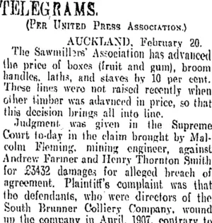 TELEGRAMS. (Otago Daily Times 21-2-1908)
