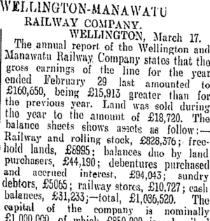 WELLINGTON-MANAWATU RAILWAY COMPANY. (Otago Daily Times 19-3-1908)
