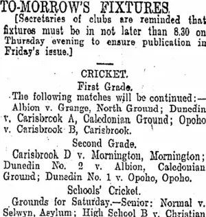 TO-MORROW'S FIXTURES. (Otago Daily Times 27-3-1908)