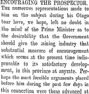 ENCOURAGING THE PROSPECTOR. (Otago Daily Times 16-4-1908)