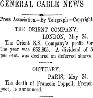 GENERAL CABLE NEWS (Otago Daily Times 26-5-1908)