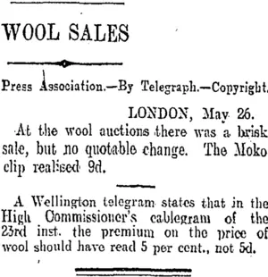 WOOL SALES (Otago Daily Times 28-5-1908)
