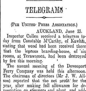 TELEGRAMS (Otago Daily Times 24-6-1908)