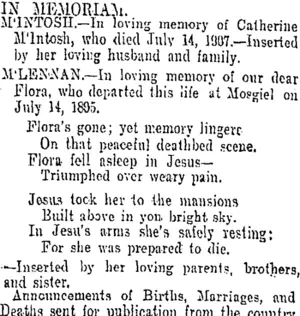 IN MEMORIAL. (Otago Daily Times 14-7-1908)
