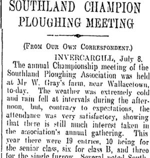 SOUTHLAND CHAMPION PLOUGHING MEETING (Otago Daily Times 10-7-1908)