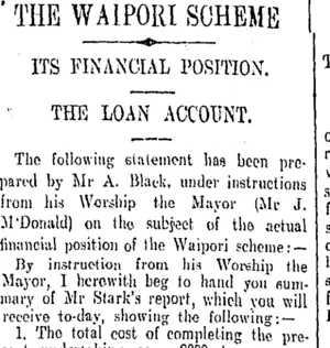 THE WAIPORI SCHEME (Otago Daily Times 27-7-1908)