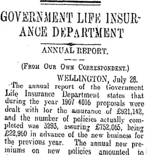 GOVERNMENT LIFE INSURANCE DEPARTMENT (Otago Daily Times 30-7-1908)