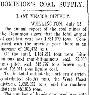 DOMINION'S COAL SUPPLY. (Otago Daily Times 17-8-1908)