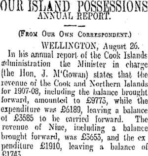 OUR ISLAND POSSESSIONS (Otago Daily Times 27-8-1908)
