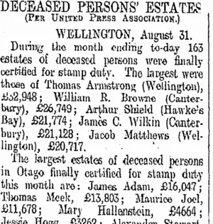 DECEASED PERSONS' ESTATES (Otago Daily Times 1-9-1908)