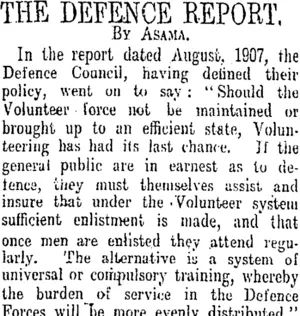 THE DEFENCE REPORT. (Otago Daily Times 3-9-1908)