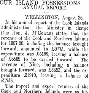 OUR ISLAND POSSESSIONS. (Otago Daily Times 14-9-1908)