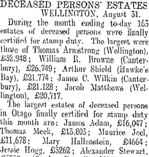 DECEASED PERSONS' ESTATES. (Otago Daily Times 14-9-1908)