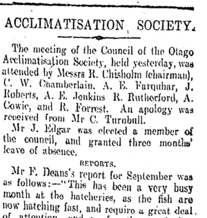 ACCLIMATISATION SOCIETY. (Otago Daily Times 26-9-1908)