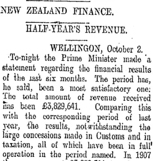 NEW ZEALAND FINANCE. (Otago Daily Times 12-10-1908)