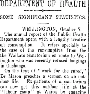 DEPARTMENT OF HEALTH (Otago Daily Times 12-10-1908)