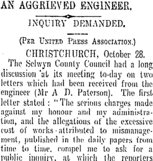 AN AGGRIEVED ENGINEER. (Otago Daily Times 29-10-1908)