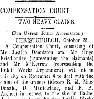 COMPENSATION COURT. (Otago Daily Times 29-10-1908)