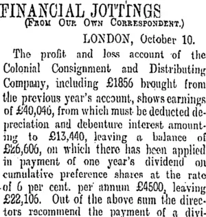 FINANCIAL JOTTINGS (Otago Daily Times 18-11-1908)