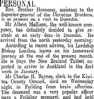 PERSONAL (Otago Daily Times 13-11-1908)