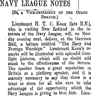 NAVY LEAGUE NOTES (Otago Daily Times 5-12-1908)