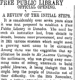 PUKE PUBLIC LIBRARY (Otago Daily Times 3-12-1908)
