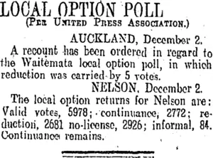 LOCAL OPTION POLL (Otago Daily Times 3-12-1908)