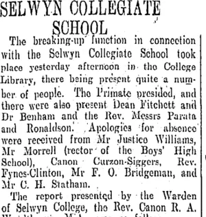 SELWYN COLLEGIATE SCHOOL (Otago Daily Times 10-12-1908)