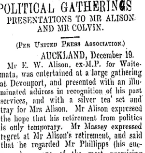 POLITICAL GATHERINGS (Otago Daily Times 21-12-1908)