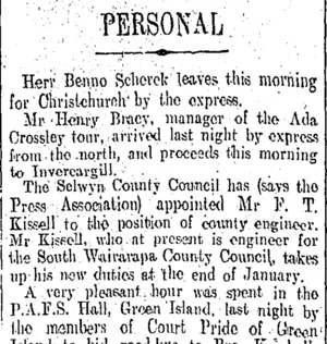 PERSONAL (Otago Daily Times 31-12-1908)
