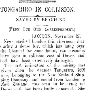 TONGARIRO IN COLLISION. (Otago Daily Times 9-1-1909)