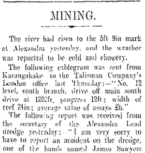MINING. (Otago Daily Times 16-1-1909)