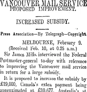 VANCOUVER MIL SERVICE (Otago Daily Times 10-2-1909)