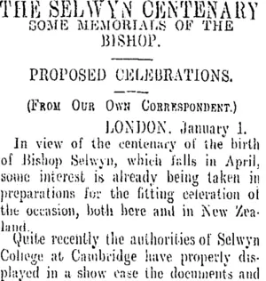 THE SELWYN CENTENARY (Otago Daily Times 20-2-1909)