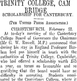 TRINITY COLLEGE, CAMBRIDGE (Otago Daily Times 23-2-1909)