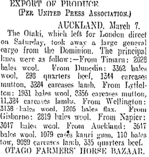 EXPORT OF PIIODUCE. (Otago Daily Times 8-3-1909)