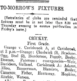 TO-MORROW'S FIXTURES. (Otago Daily Times 26-3-1909)