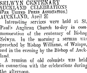 SELWYN CENTENARY. (Otago Daily Times 1-5-1909)