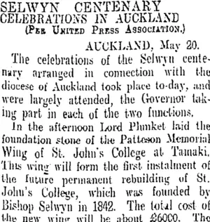 SELWYN CENTENARY. (Otago Daily Times 24-5-1909)