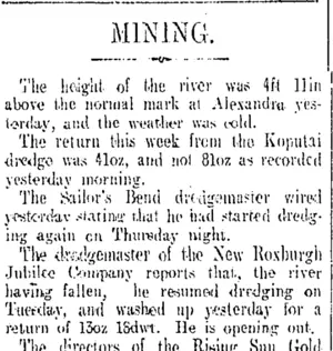 MINING. (Otago Daily Times 22-5-1909)