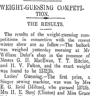 WEIGHT-GUESSING COMPETITION. (Otago Daily Times 9-6-1909)