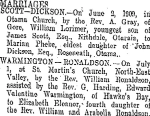 MARRIAGES. (Otago Daily Times 7-7-1909)