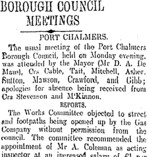 BOROUGH COUNCIL MEETINGS (Otago Daily Times 15-7-1909)