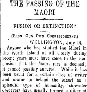 THE PASSING OF THE MAORI (Otago Daily Times 15-7-1909)