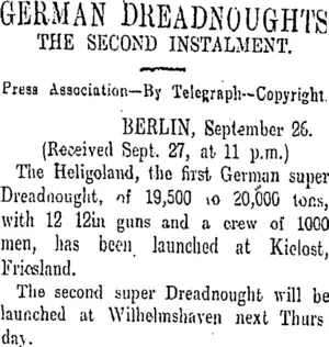 GERMAN DREADNOUGHTS (Otago Daily Times 28-9-1909)