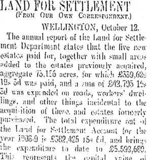 LAND FOR SETTLEMENT (Otago Daily Times 13-10-1909)