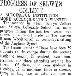 PROGRESS OP SELWYN COLLEGE (Otago Daily Times 29-10-1909)