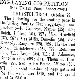 EGG-LAYING COMPETITION. (Otago Daily Times 1-11-1909)